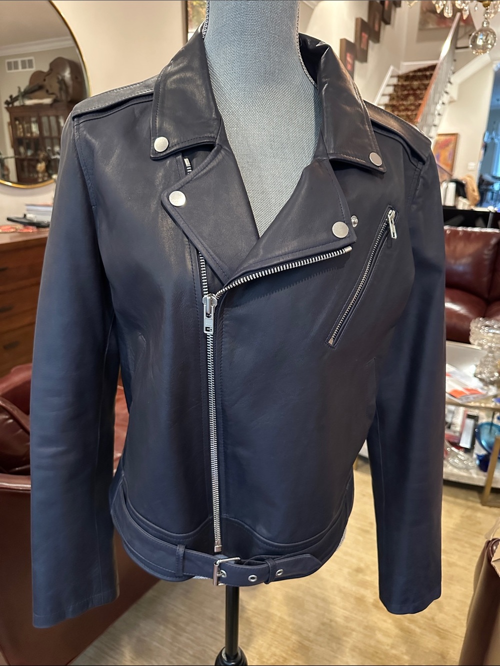 Theory Black Navy Leather Asymmetrical Moto Jacket